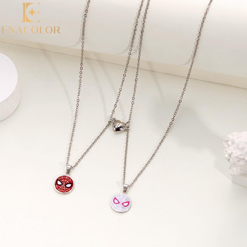 Enacolor 2Pcs/Set Handmade Carton Spider-man Alloy Magnetic Necklace Pendant for Women Man Accessories Couple Lovers Gifts