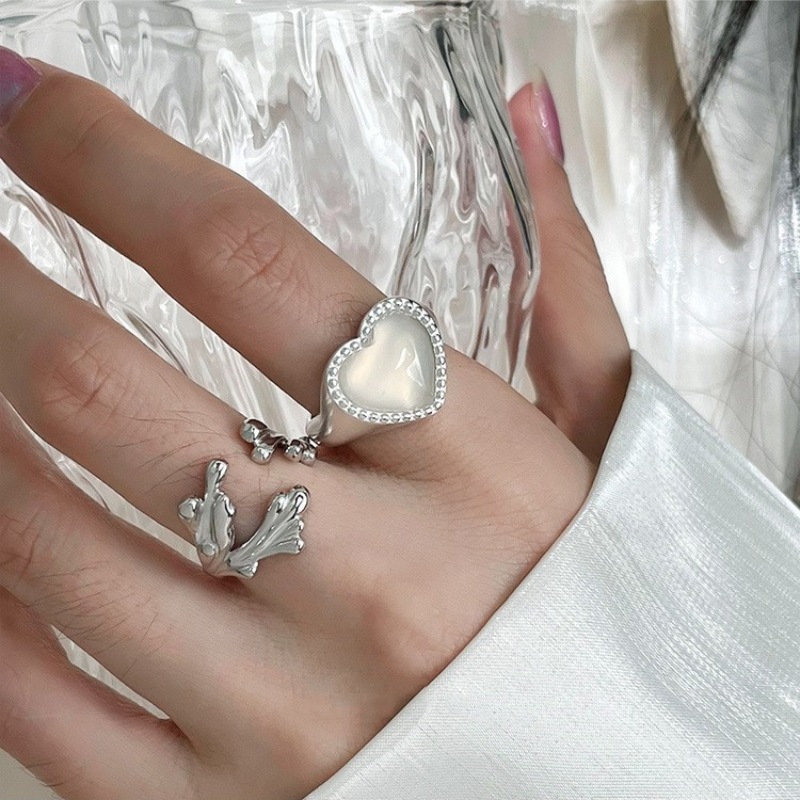 【New arrival】Sweet Love Moonstone Ring Women's Stacked Wear Personality Embraced Banana Leaf Design Silver Opening Food Ring Tide