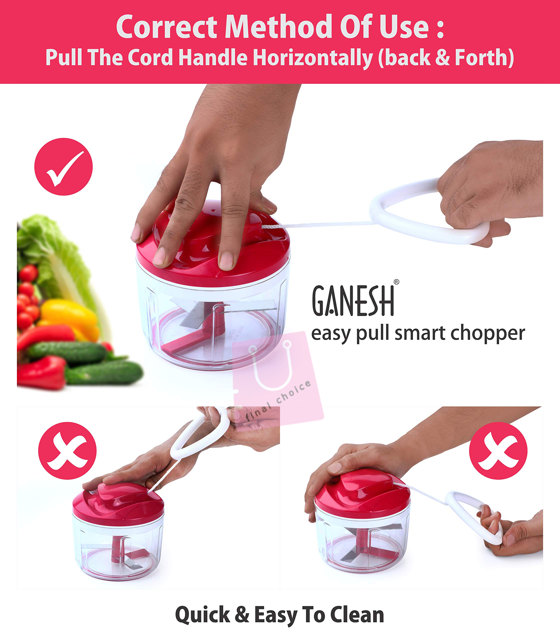 Ganesh Food Chopper Processor Pull & Hand Held Vegetable Chopper / Blender - Chop Fruits, Vegetables, Herbs, Onions