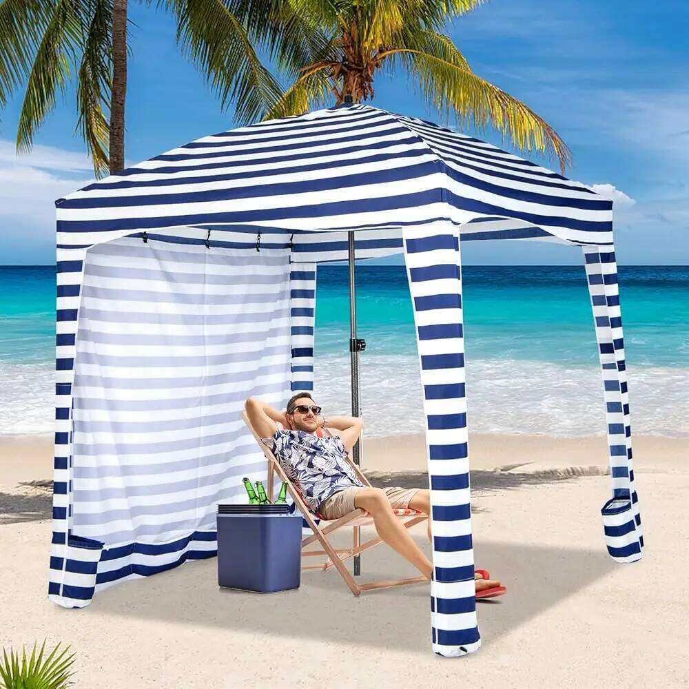 6X6 Ft Cabana, Portable Beach Canopy With Detachable Sidewall, 8 Sandbags, 2 Tier Vent, Easy Setup Sun-Protection Outdoor