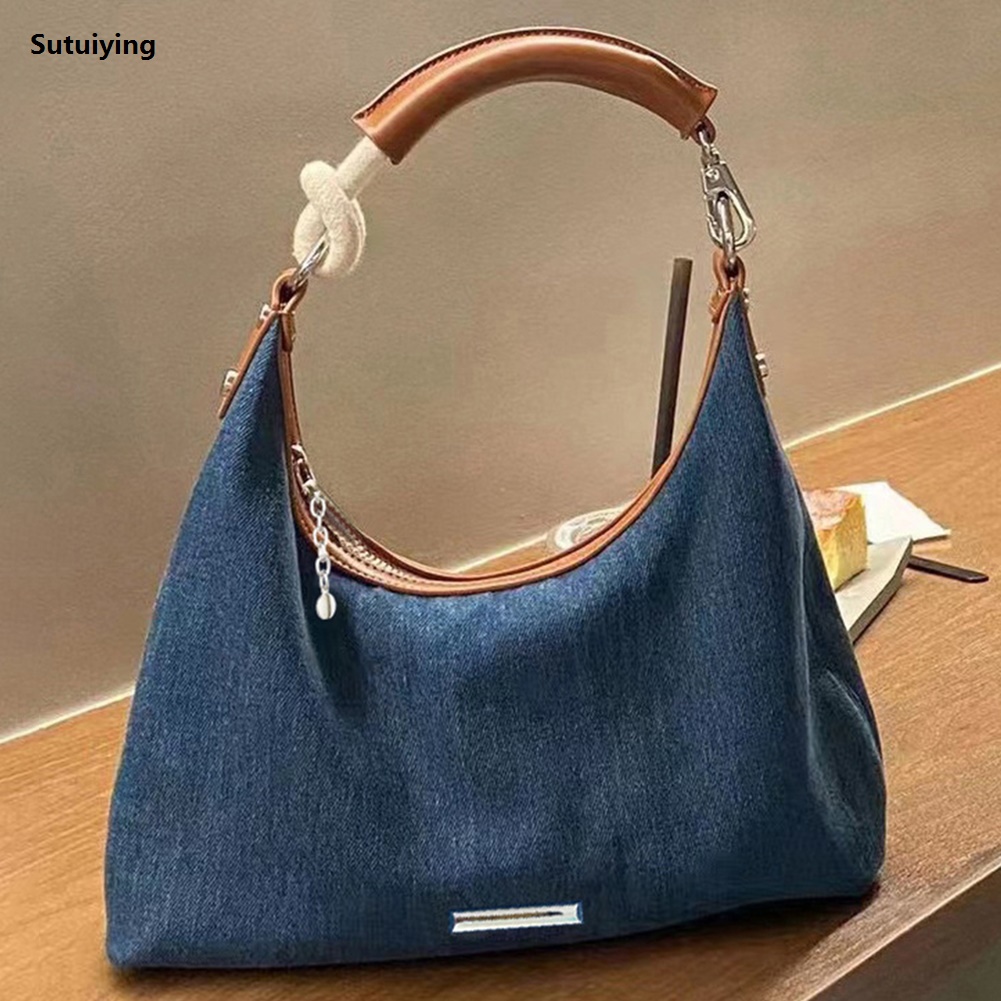 Sutuiying Women Patchwork Handbag Casual Jean Clutched Bags Versatile Fashion Large Capacity for Party Vacation Travel