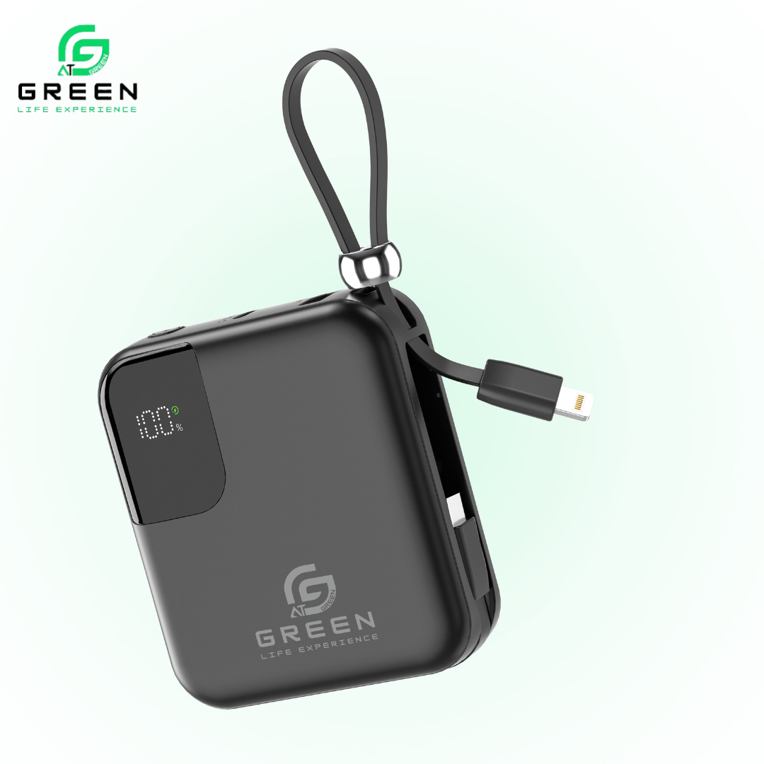 Green Mini Thunder Small Size Power Bank | 10000mAh | Fast Charging | Ultra Thinner | 22.5W | Attach Wire | PD input-Output | Digital Display | Lithium-Polymer Battery | Slim & Thinner Pocket-Friendly | Lanyard | 6 Months Warranty | Black & White Colors