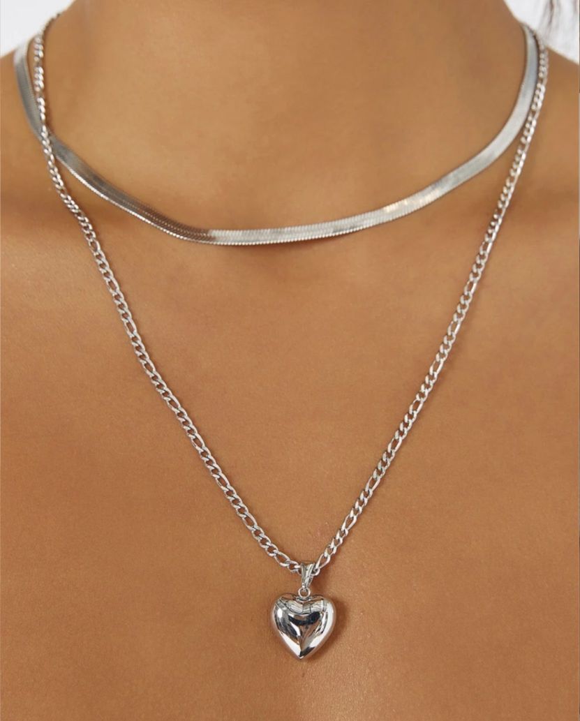 Masala Beads New 2pcs Set Necklace Double Layered Herringbone And Snake Chain With A Smooth Heart Shaped Pendant Women's Stylish Necklaces Pendants Accessories Gifts
