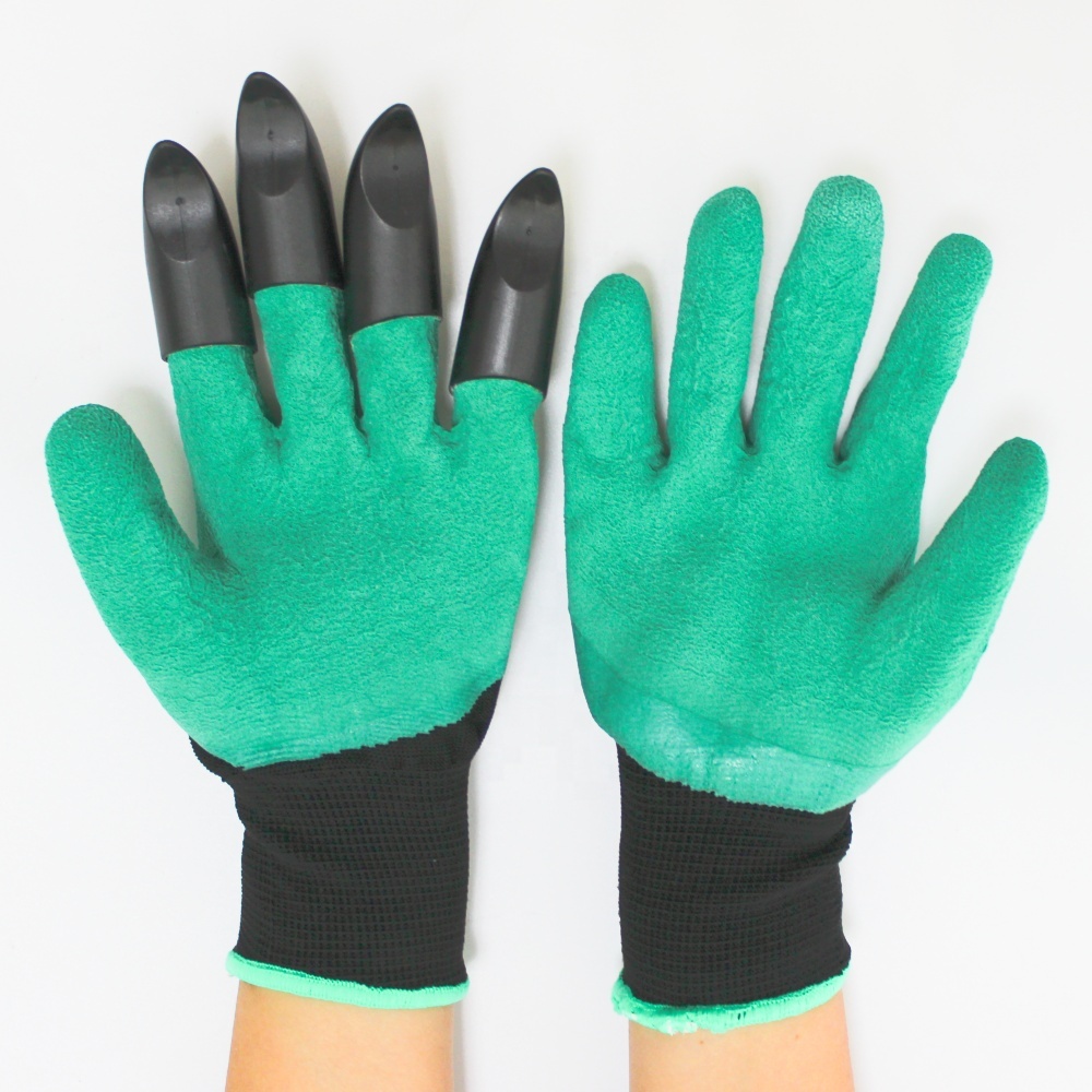 1 Pair Right Hand Garden Glove with 4 Plastic Claws - Waterproof, Stab-Proof Digging & Planting Gloves, Anti-Slip Latex Coated Gardening Gloves for Safe Garden Work