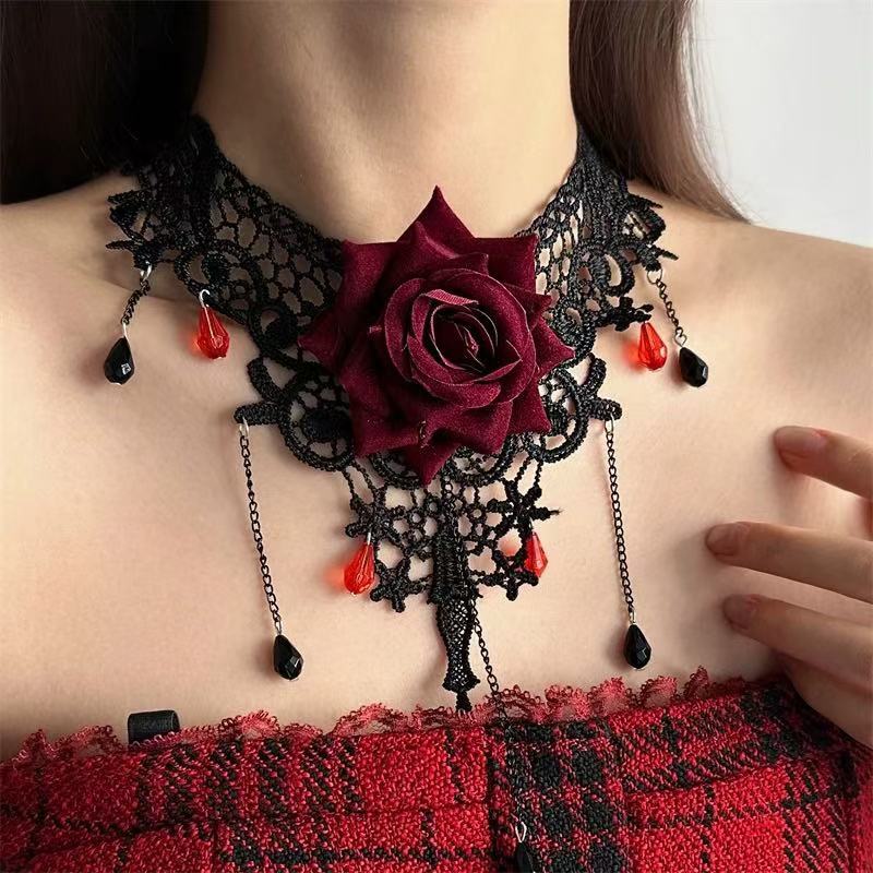 Dark wind tassel crystal lace rose flower necklace female vintage luxury collarbone chain choker necklace necklace
