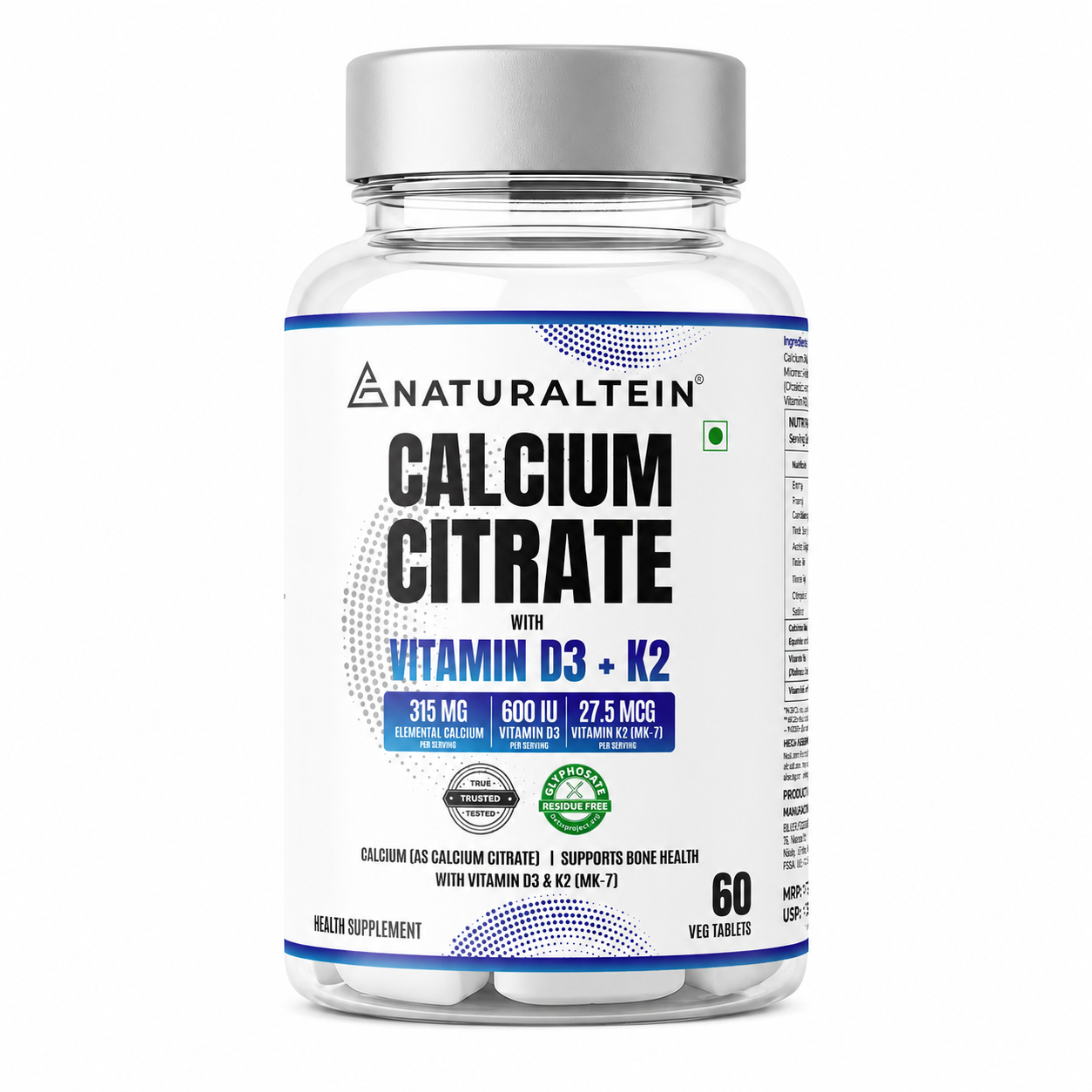 Naturaltein Calcium Citrate With Vitamin D3+K2+MK-7 (60 Tablets) With Support For Strong Bones, Balance Hormones & Enhances Muscle Contractions