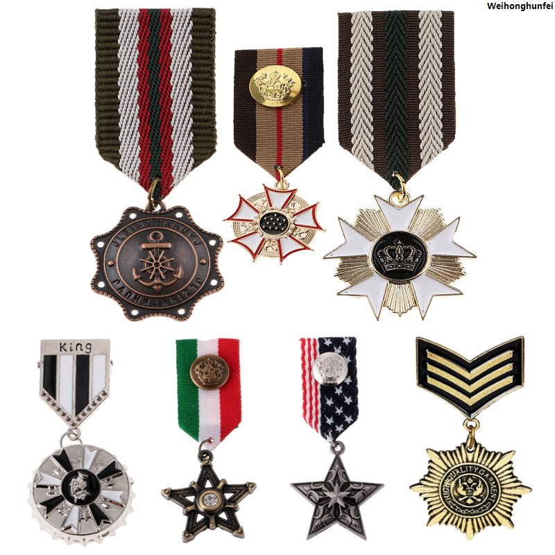 WeihonghunfeiFifty percent discount Striped Fabric Badge Brooch Pin Crown Star Medal Milirtay Uniform Corsage Man Suit Shirt Collar Tassel Chain Lapel Pin Brooch