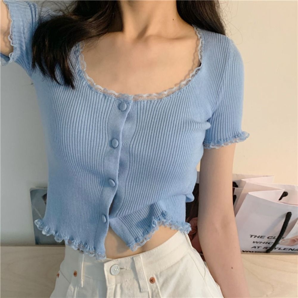 【Support-Cod】 Korean Style Summer Spring Lace T-shirt Button Slim Fit Crop Top Stylish Knitted Cardigans
