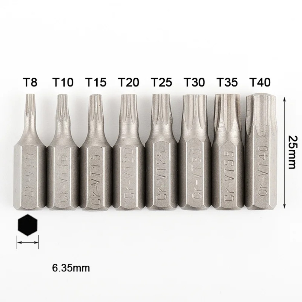 1pc Durable 1/4 Inch Hex Shank Torx Bits S2 Alloy Steel 25mm Length Screw Driver Bit T6-T40 6 Point Star Head Screwdriver Set