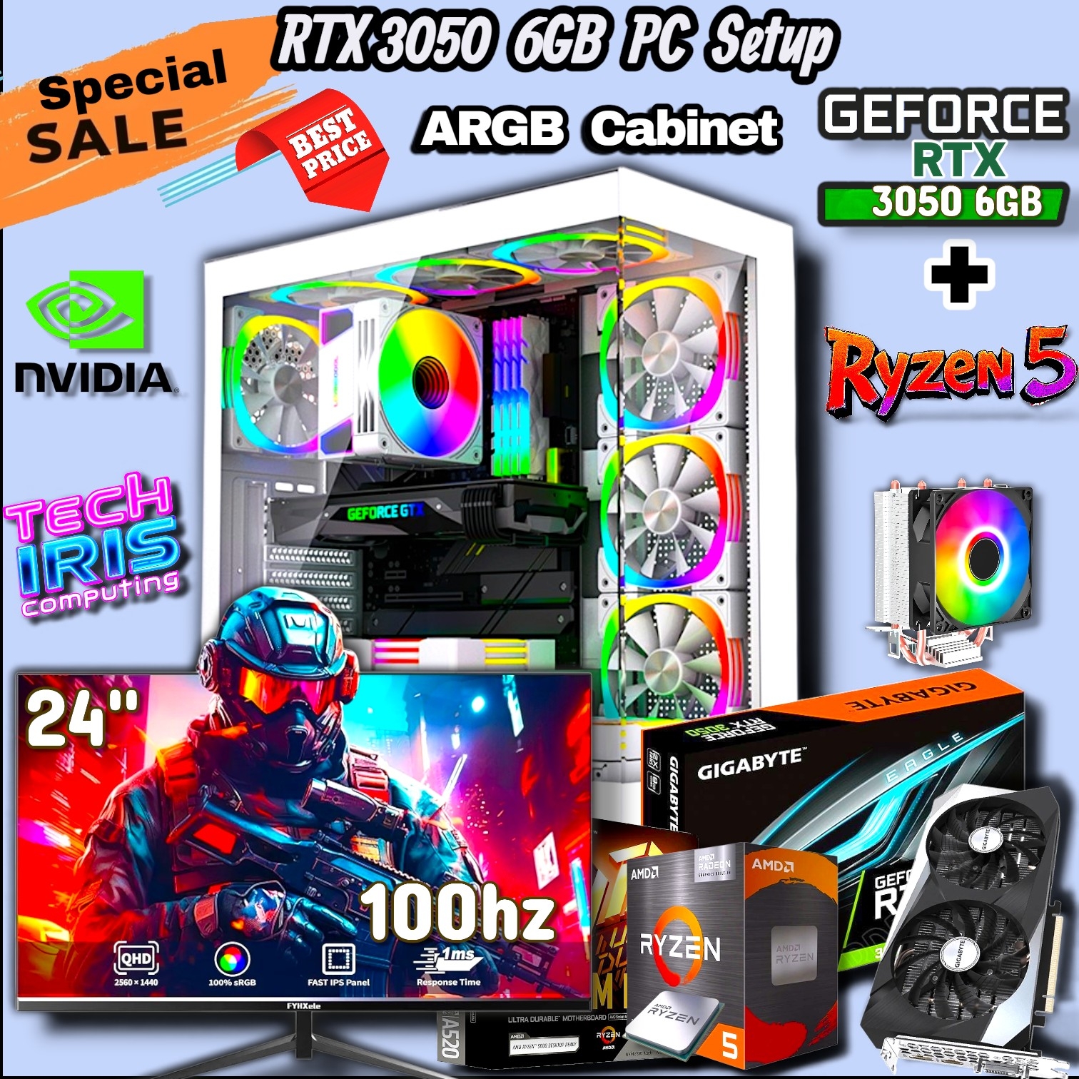 RTX 3050 Graphics Powered With 24" 100hz Monitor Gaming PC Setup, 800Watt PSU, 8/16GB DDR4 RAM, 512/256GB Nvme M.2 SSD Gaming CPU