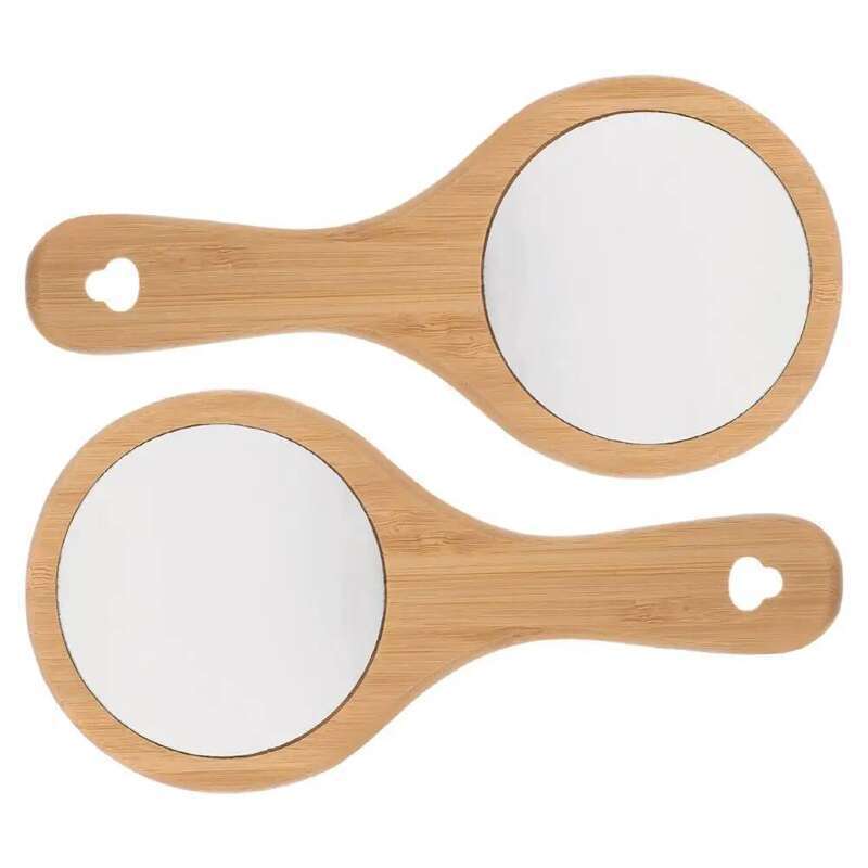 2 Pcs Makeup Wooden Handle Portable Travel Vanity Mirrors Handheld Mirror for Women Round Sturdy Frame