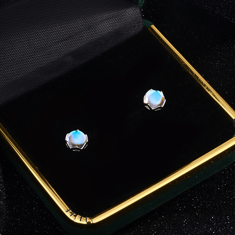 Yumei S925 sterling silver, rose gold, cabochon moonstone stud earrings, mini cute, temperament round earrings, a new piece