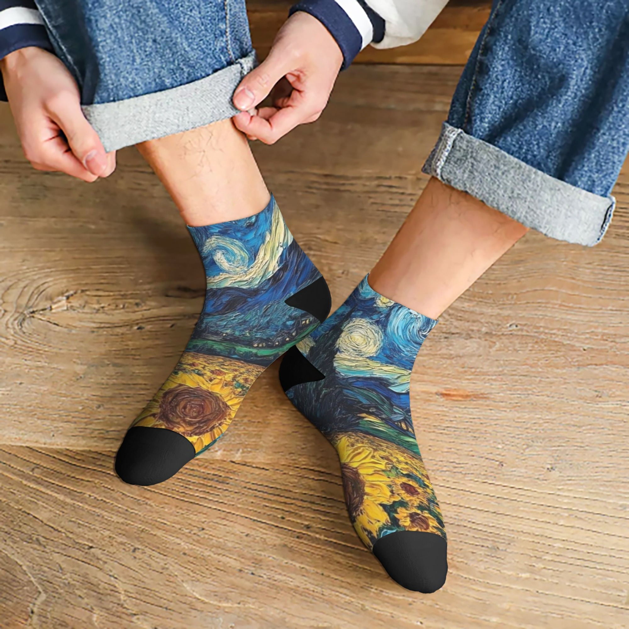 Wear textureable brushstrokes sky, socks sunflower starry night | Van Gogh 1 pair unisex | field inspired retro whirlpool, art