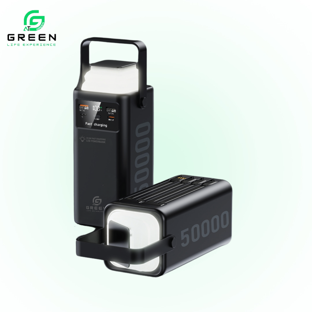 Green Turbo-50 Powerbank |50000mAh PD Fast Charging | Removable Attach Wire | Emergency Flash Light | 22.5W | 4 Output Ports | 3 Input Ports | Two Way PD Fast Charging | Digital Display | QC 3.0 | Lithium polymer Large Capacity Battery | 6 Months Warranty