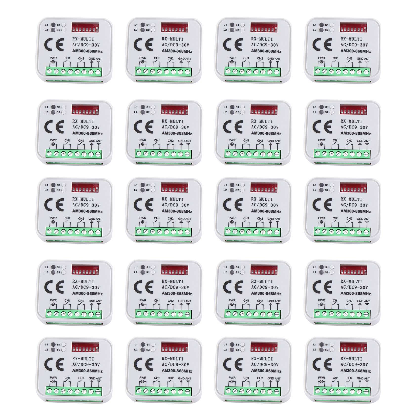 20X Universal RX Multi Frequency 300-868MHz Receiver 2CH 12V 24V Relay Module Garage Door Remote Control 433.92MHz