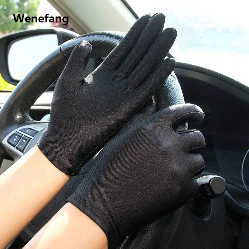 Wenefang 1pair Summer Breathable Sunscreen Full Finger Driving Gloves Women Original Thin Cotton Sun-shading Solid Color Non-Slip Short Mittens