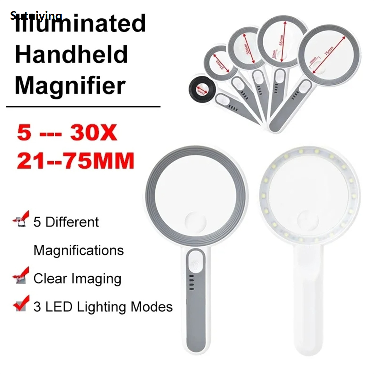 Sutuiying 1pc Rechargeable Handheld Magnifier 3 Lighting Modes Illuminated 2025 New Magnifying Glass with LED Light for Seniors Reading Repair