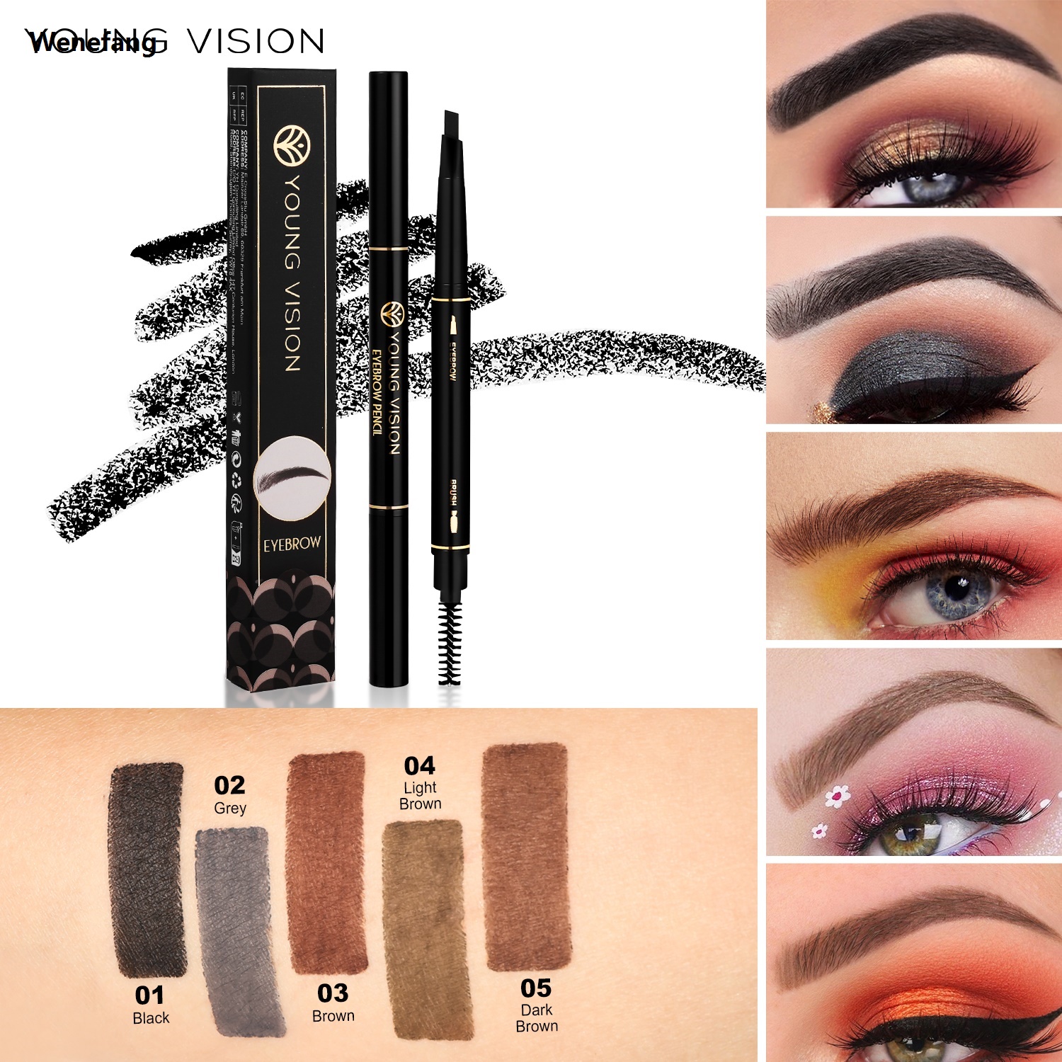 Wenefang YOUNG VISION automatic rotating dual head waterproof and non smudging triangle eyebrow pencil with eyebrow brush
