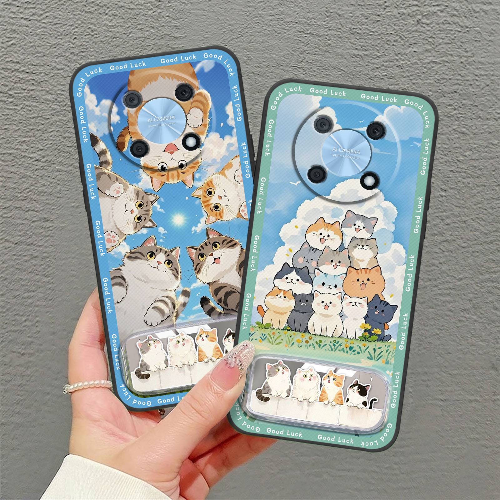 Phone Holder Mirror Phone Case For Huawei Enjoy50 Pro/Nova Y90 4G Embroidery Anti-dust 3D Phone Pouch Kickstand Cartoon