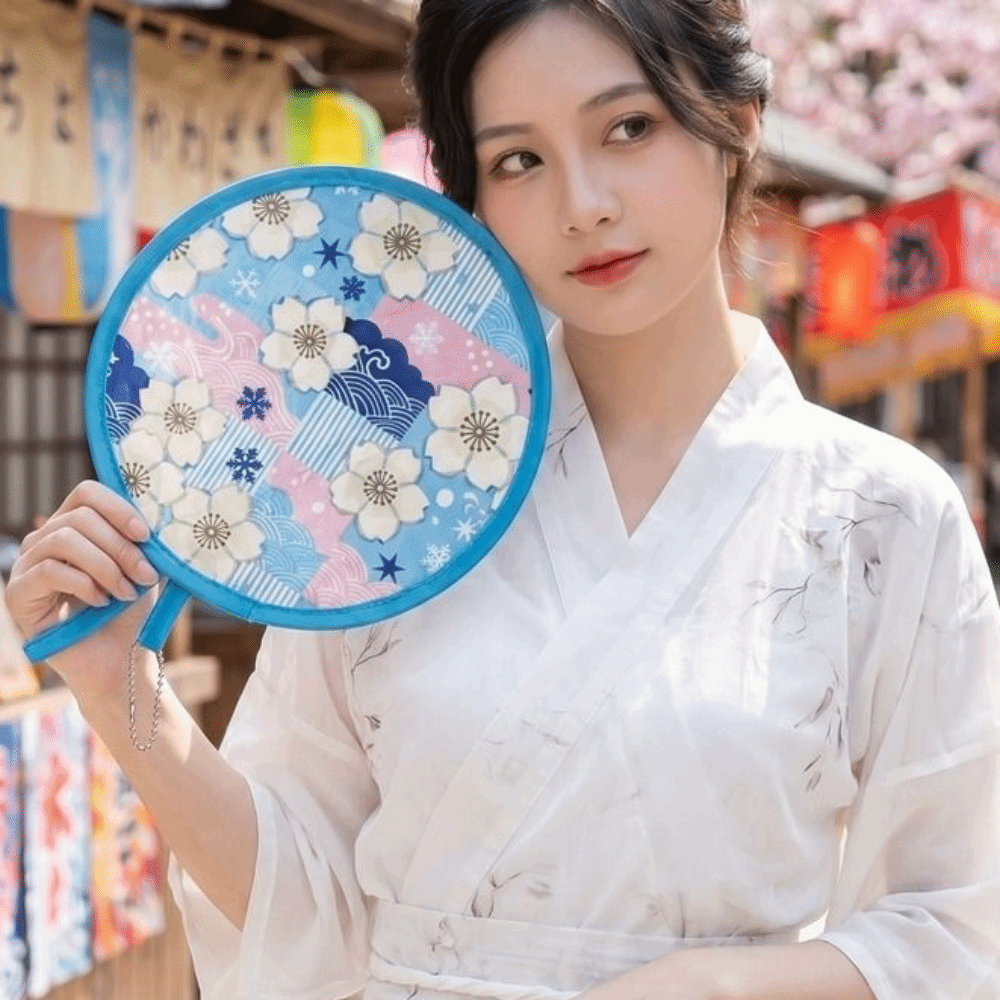 Decorative Japanese Style Folding Fan Flower Pattern With Pocket Handheld Fan Round Portable Fan Summer Travel