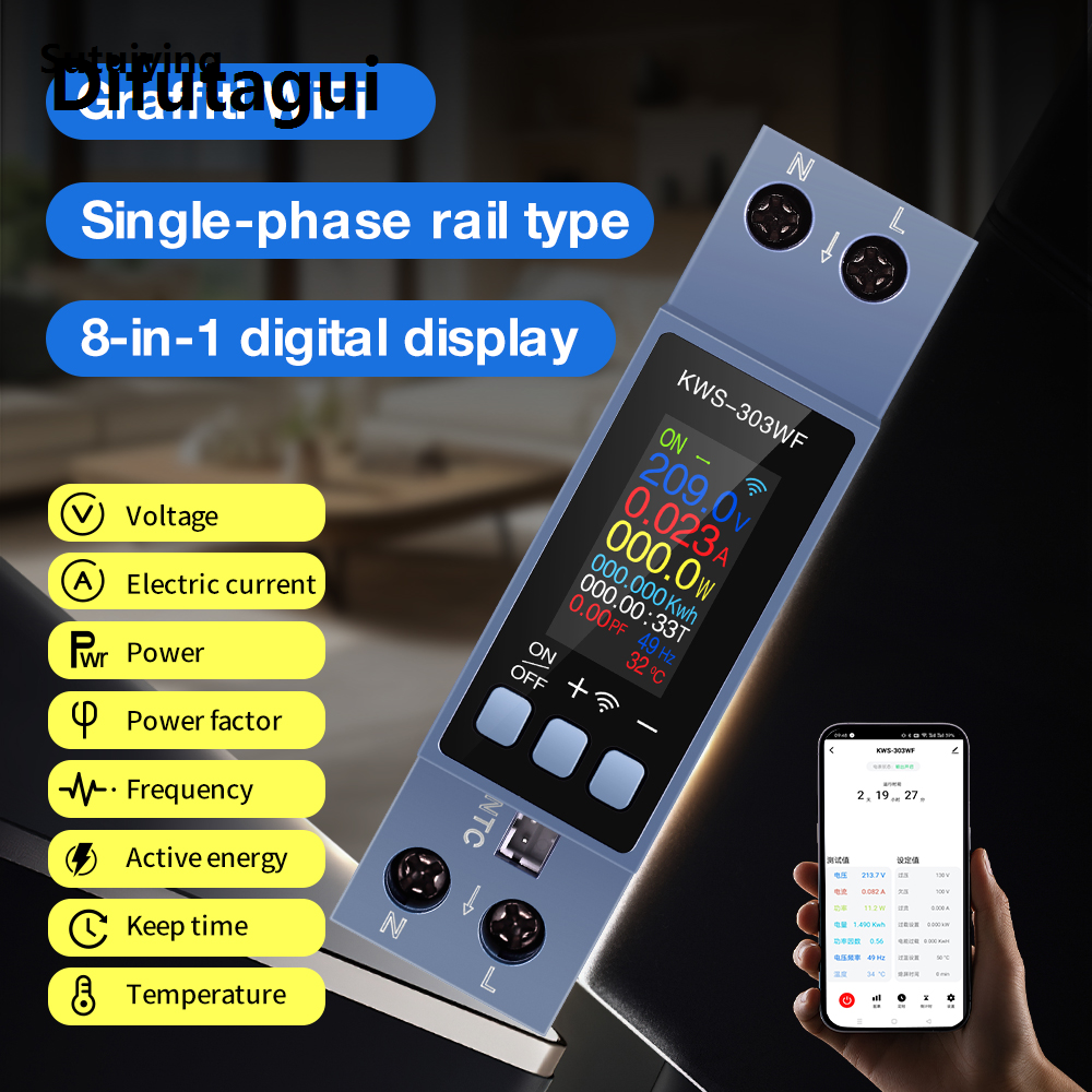 Difutagui New style Sutuiying 8 in1 Energy Meter KWS-303 AC Meter Color Screen Voltage Current New style Power Meter Smart Timer Switch Two-phase Din Rail Metering
