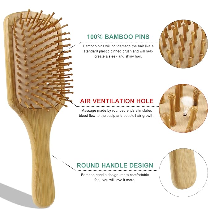 1-Piece Eco-Friendly Bamboo Paddle Hair Brush - Natural Bamboo Bristles for Detangling, Scalp Massage & Smoothing - Large Cushion Brush for Thick, Curly, Thin, Long & Short Hair (Men & Women)