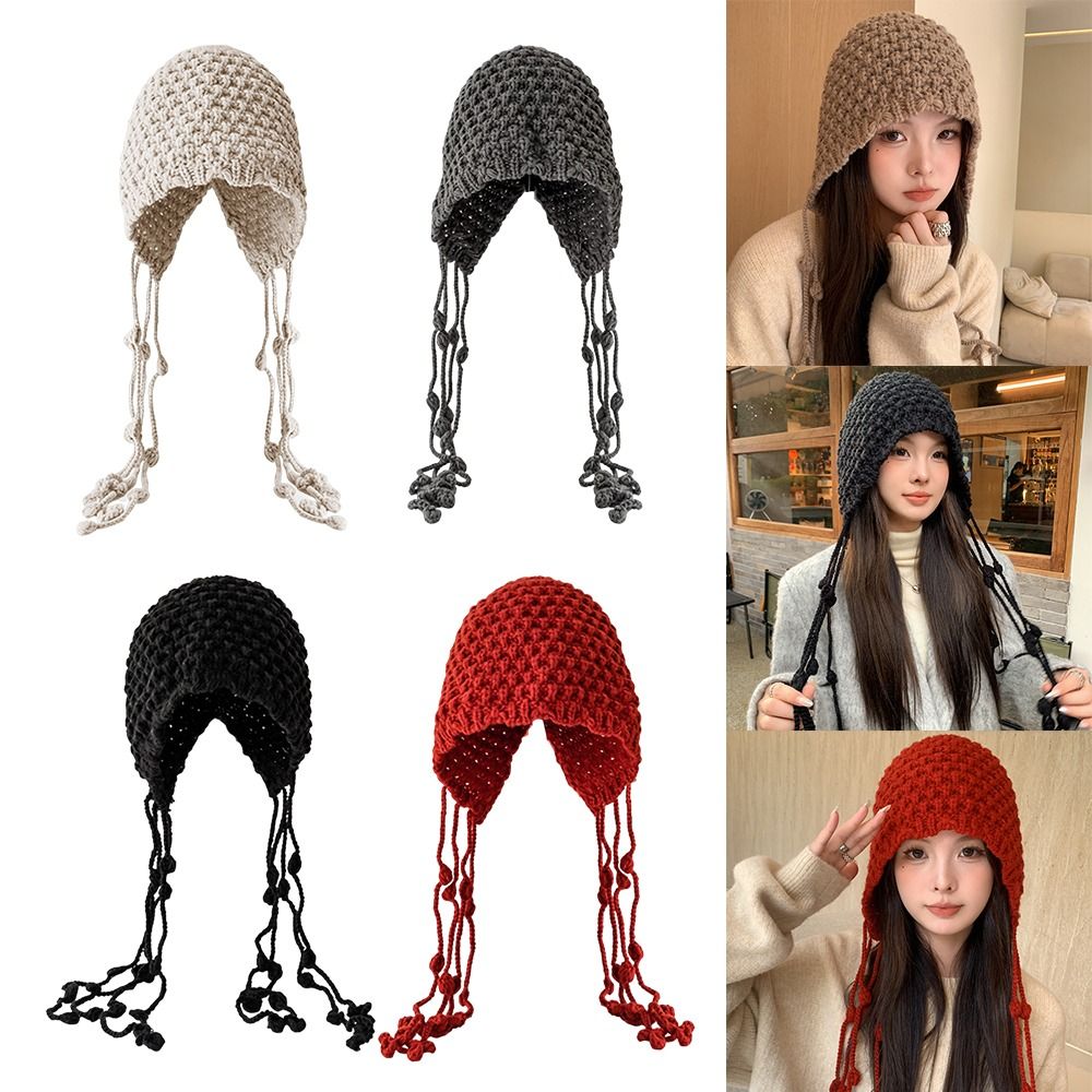 Cute Handmade Knitted Hat Wool Tassel Ear Protection Hat Windproof Warm Pullover Hat Women