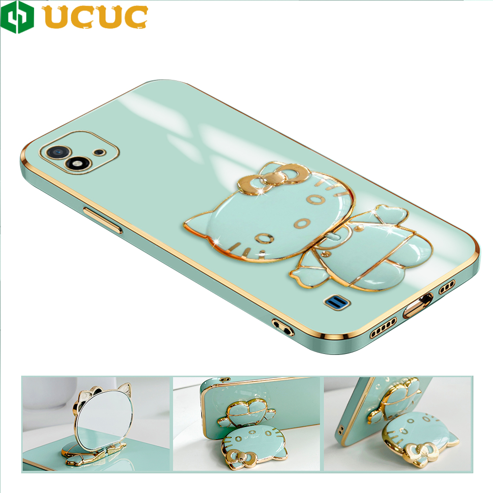 UCUC for Realme C11 2021 / C20 C20A Back Cover + kitty Mirror Holder Luxury 6D Plating Phone Case