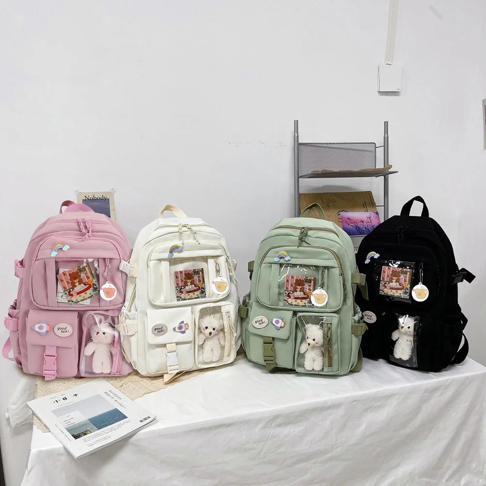 Bizzy College Student Rucksack Fashion Casual Book Bags Nylon with Plush Pendant Pin Cute Large Capacity Japanese Style for Teen Girls
