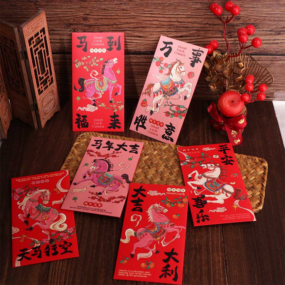 6pcs/set Asian Cultural Chinese Style Horse Year Red Envelope Artistic Blessing 2026 New Year Money Envelope Creative Paper Craft Red Pockets Gift Bag