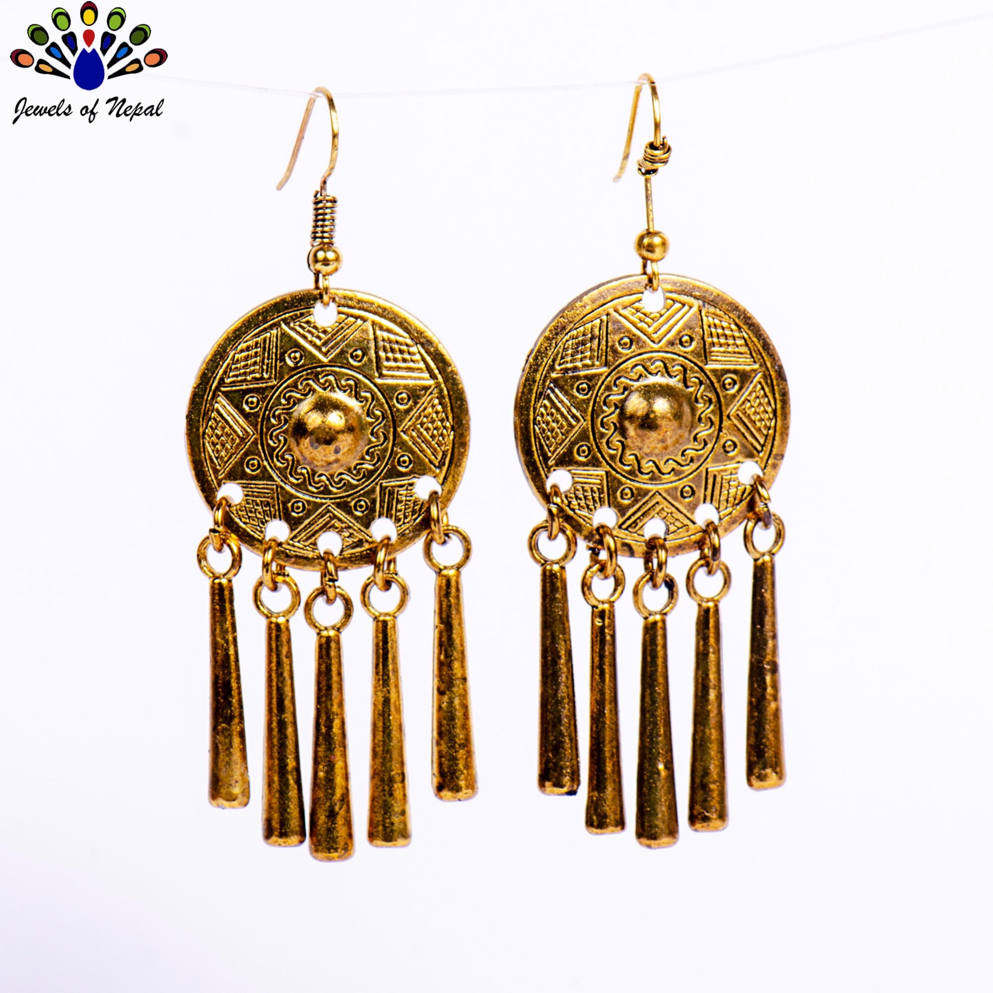 Golden Tribal Designed Tasseled Earrings- Jewels Of Nepal