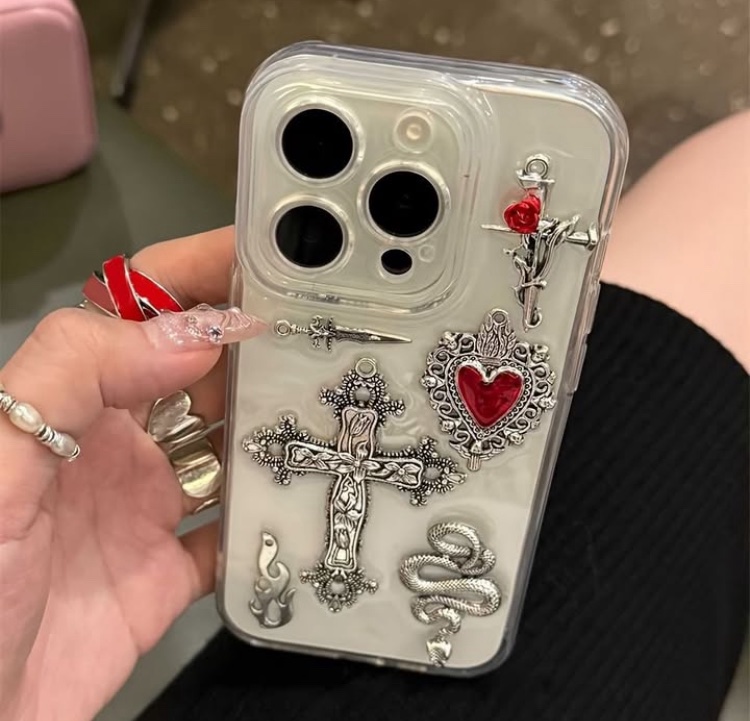 Masala Beads Luxury Bling Y2K Gothic Cross Love Heart Flame Snake Clear Phone Case Hard Transparent Cover For I-Phone Shockproof Cases Vintage Style Covers