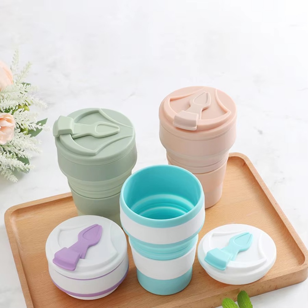 Cute Food-Grade Silicone Folding Cup 350ML with Lid Portable Coffee Cup Leak-proof Reusable Mini Retractable Cup Travel Camping