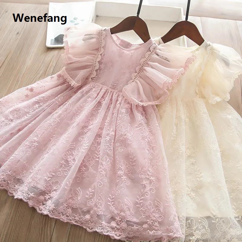 Wenefang Flower elegant girl raw girl ruffle dress 4 6 8 years old New style lace day dress wedding party princess baby summer dress
