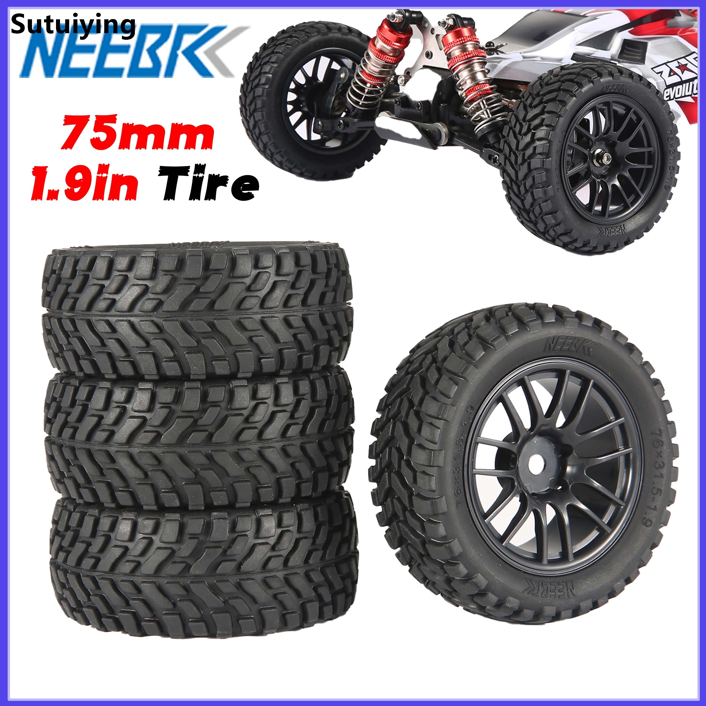 Sutuiying 4PCS NEEBRC 75mm 1.9 inch Rubber Tire Wheel Rim Tyre Hex Hub for 2025 1/10 1/14 1/16 RC Off-road Car Wltoys 144001 Scx10 Traxxas HSP