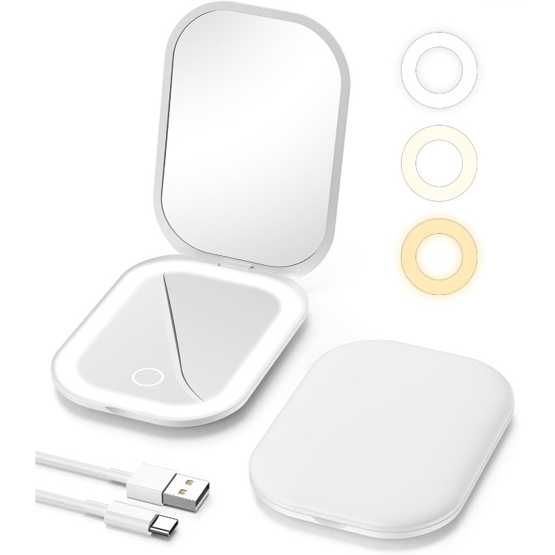Lighted Travel Makeup Mirror with Light and Magnification 1X/3X, Stepless Dimming and Three-Color Adjustable Lights, Rechargeable Battery and Compact Size for Purse and Portable Use - White