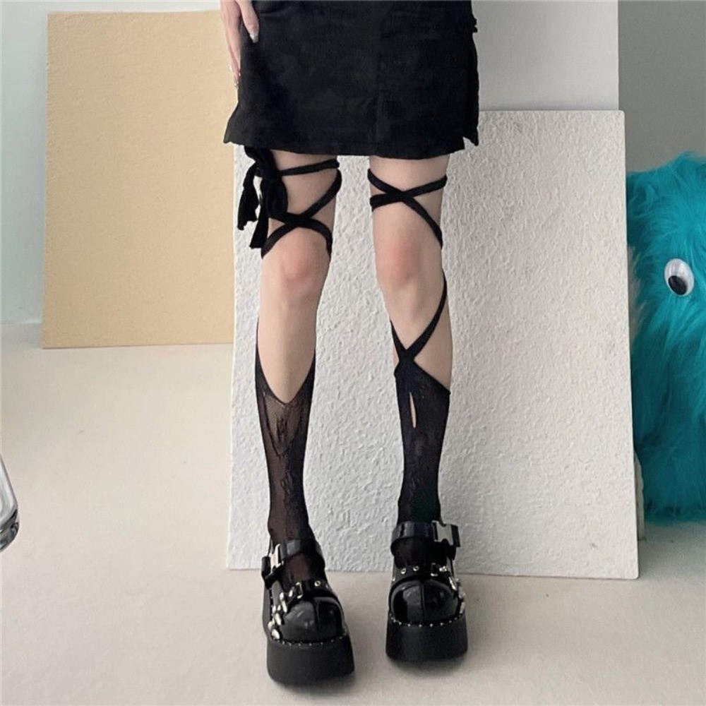 1 pair Y2K Cross Tied Fishnets Tabi Socks Lace Pattern Thin Knee High Socks Irregular Summer Socks Women