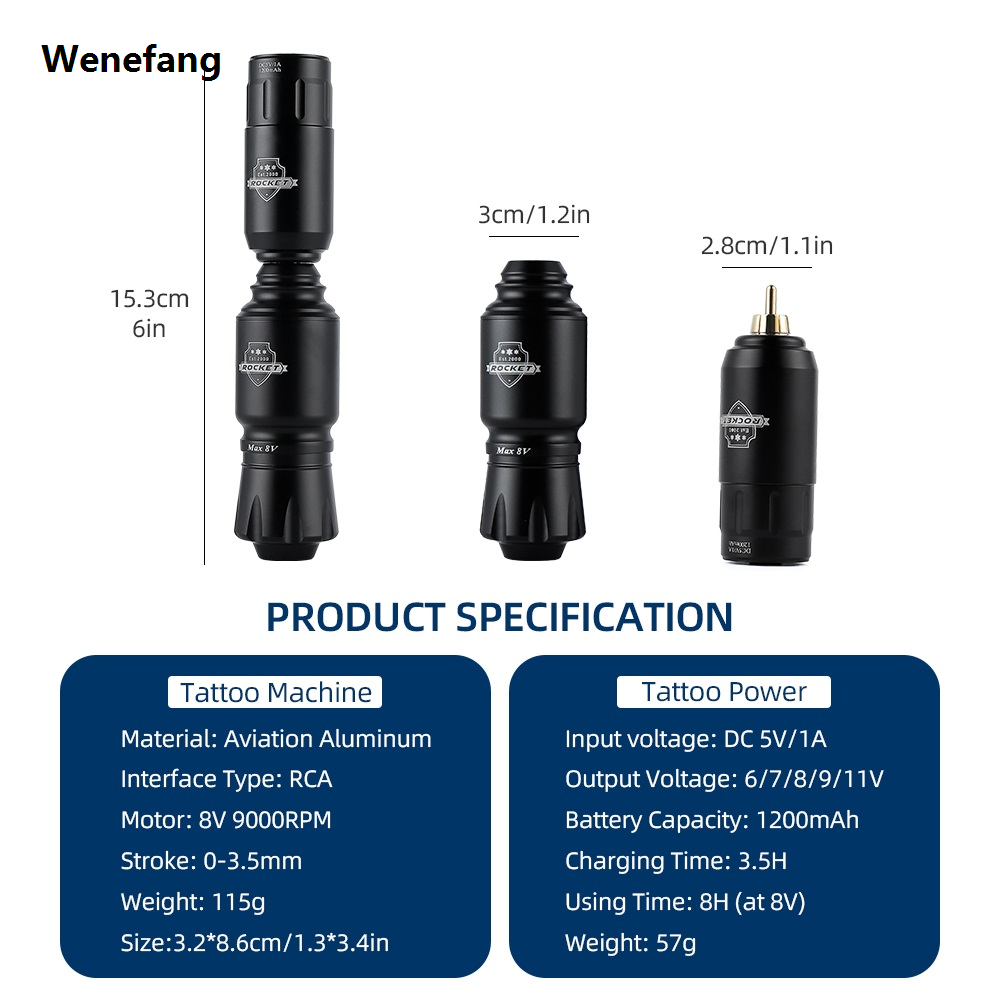 Wenefang New models on sale 9000RPM Mini Rocket Tattoo Machine Set 1200mAh Wireless High Quality Tattoo Power Supply Voltage Display RCA Interface Rotary Tattoo Pen Kit