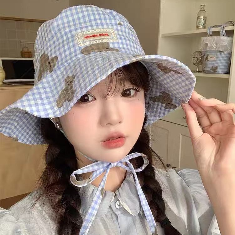 Cute Bear Blue Plaid Sunscreen Hat Fisherman Hat Female Summer Face Small Hat Commuter Bag Two-Piece Set