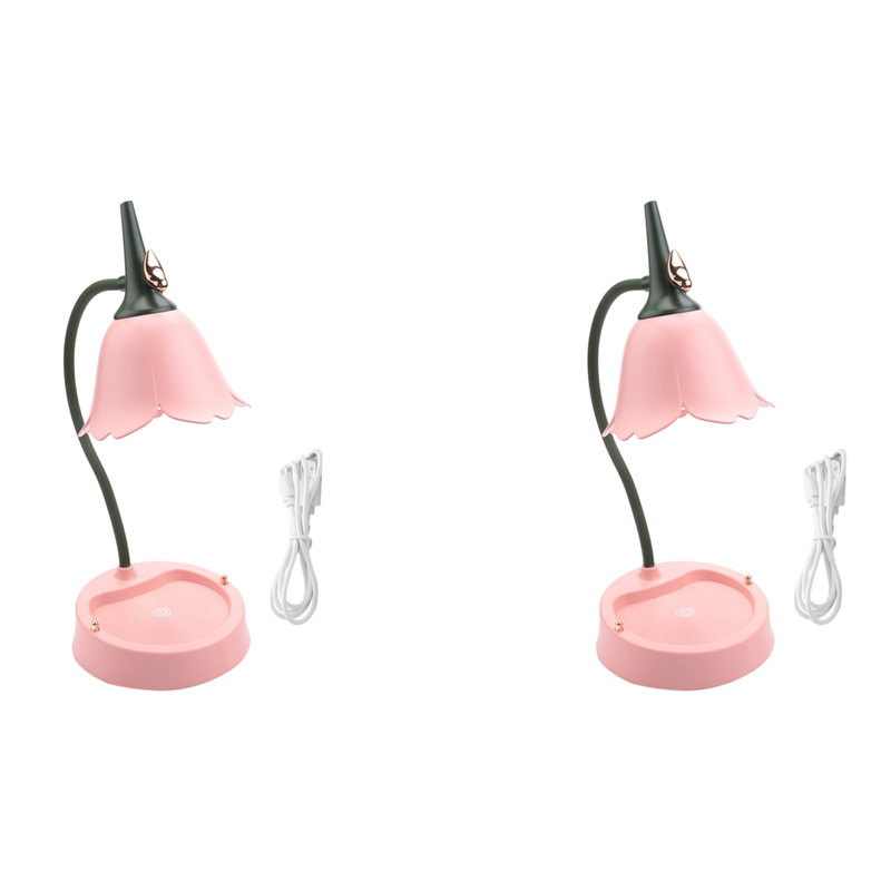 (GGBR) 2X Flower LED Desk Lamp Student Bedroom Lighting Contact Reading Eye Protection USB Flower Lampshade Table Light, Pink