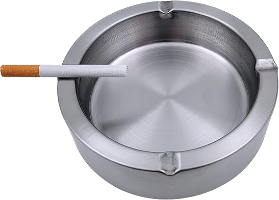 Round Metal Ashtray Stainless Steel for Cigarette Cigar Countertop Home Office Indoor Outdoor Patio Tabletop Outside Décor Hotel Restaurant Bar Portable Durable Fancy (Silver)