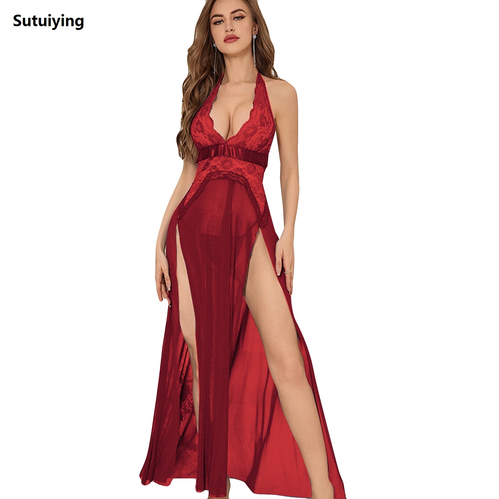 Sutuiying Hot Selling Split Exotic Dresses Lace Lingerie Transparent Women Suspenders Dress Underwear Ladies Night Club Dresses