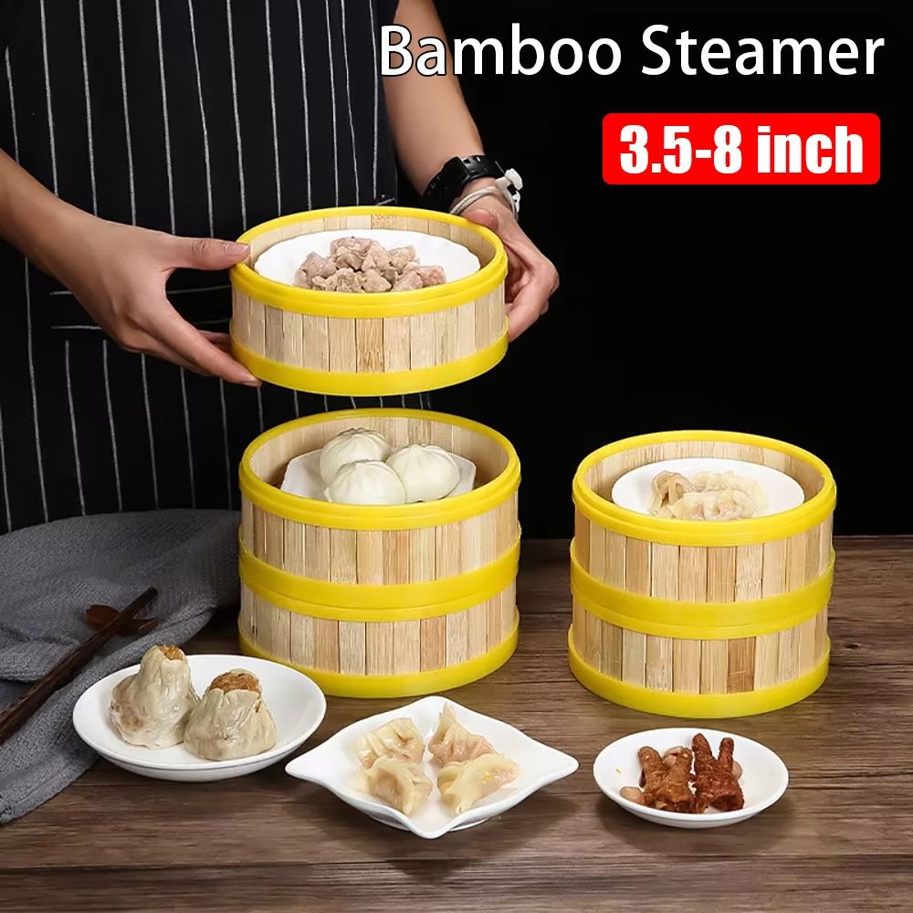 1Pcs Durable Handmade Bamboo Steamer 3.5-8 inch Multi-function Steamer Basket With Lid Dumpling Steamer Cook Sticky Rice