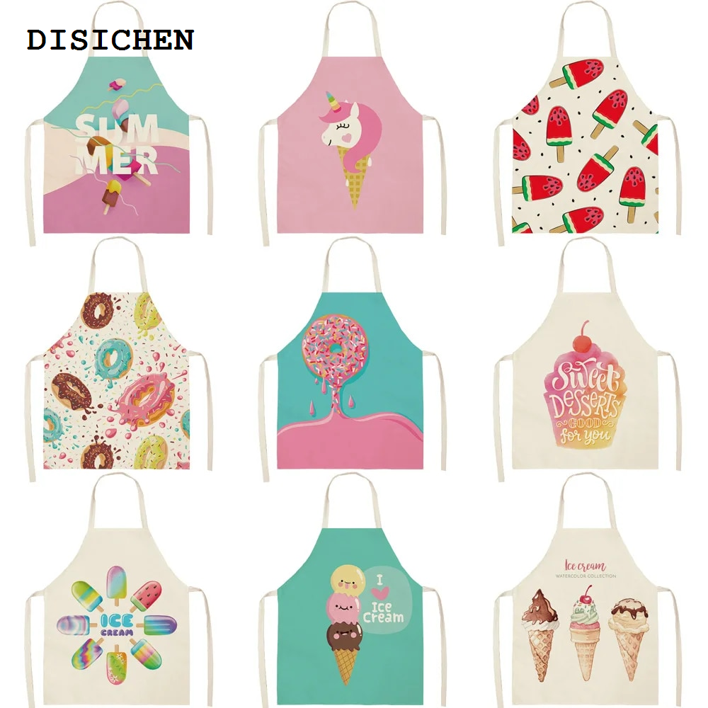 DISICHEN High Quality Ice cream pattern kitchen apron waterproof haircut apron cooking oil-proof cotton and linen anti-fouling chef apron