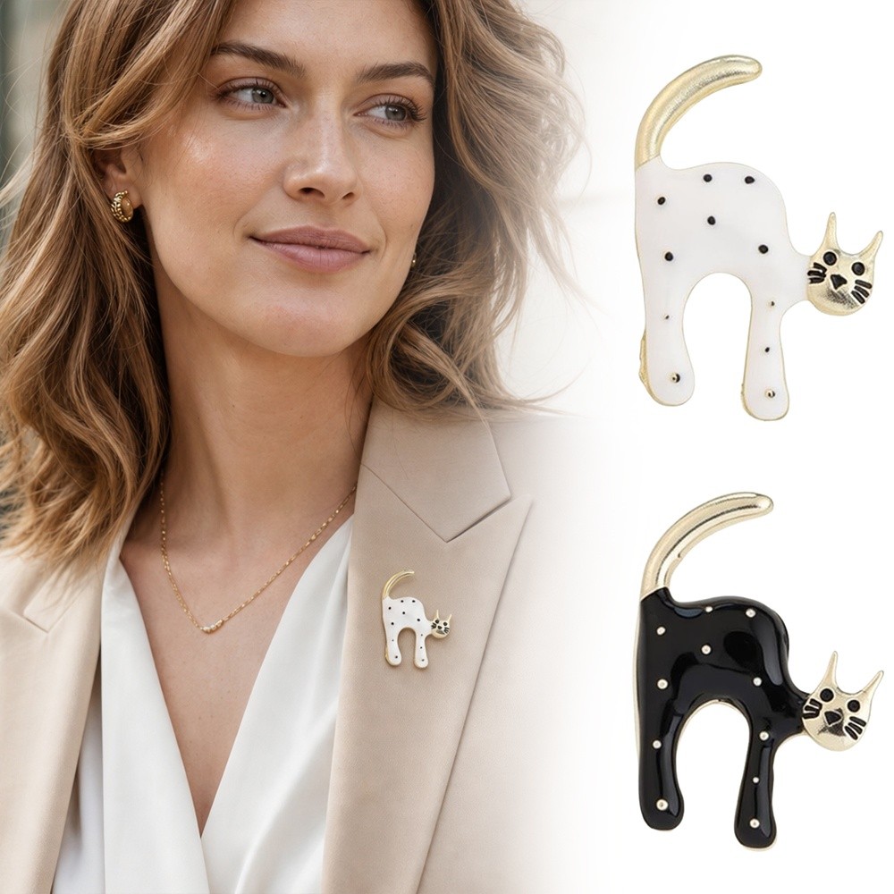 Creative Cute Kitten Cat Brooches Black White Cartoon Cardigan Clip Enamel Animal Scarf Adjuster For Men Women