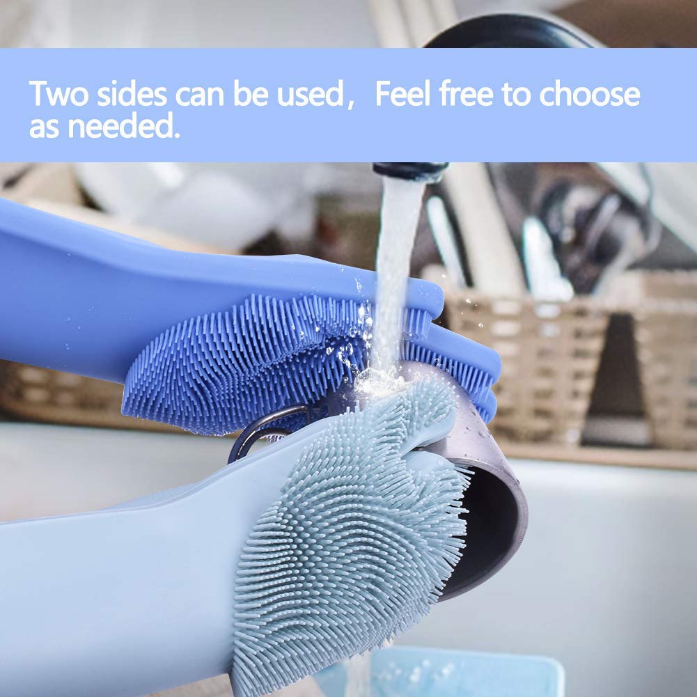 Bizzy Magic Dish washing Gloves with scrubber, Silicone Cleaning Reusable Scrub Gloves for Wash Dish,Kitchen, Bathroom(Blue,1 Pair: Right + Left Hand)