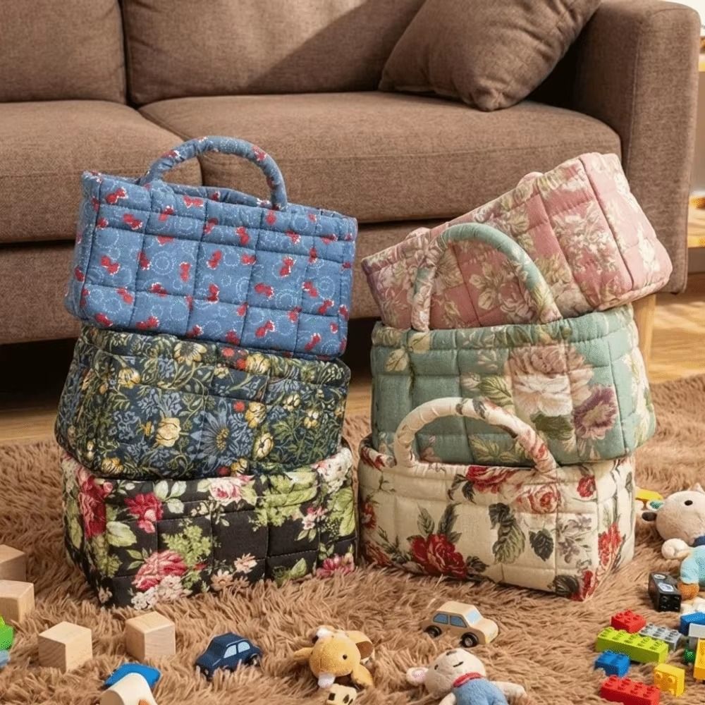 Portable Floral Pattern Storage Basket Large Capacity Quilted Fabric Shopper Bag Cotton Material with Easy Carry Handles Desktop Organizer Travel Tote