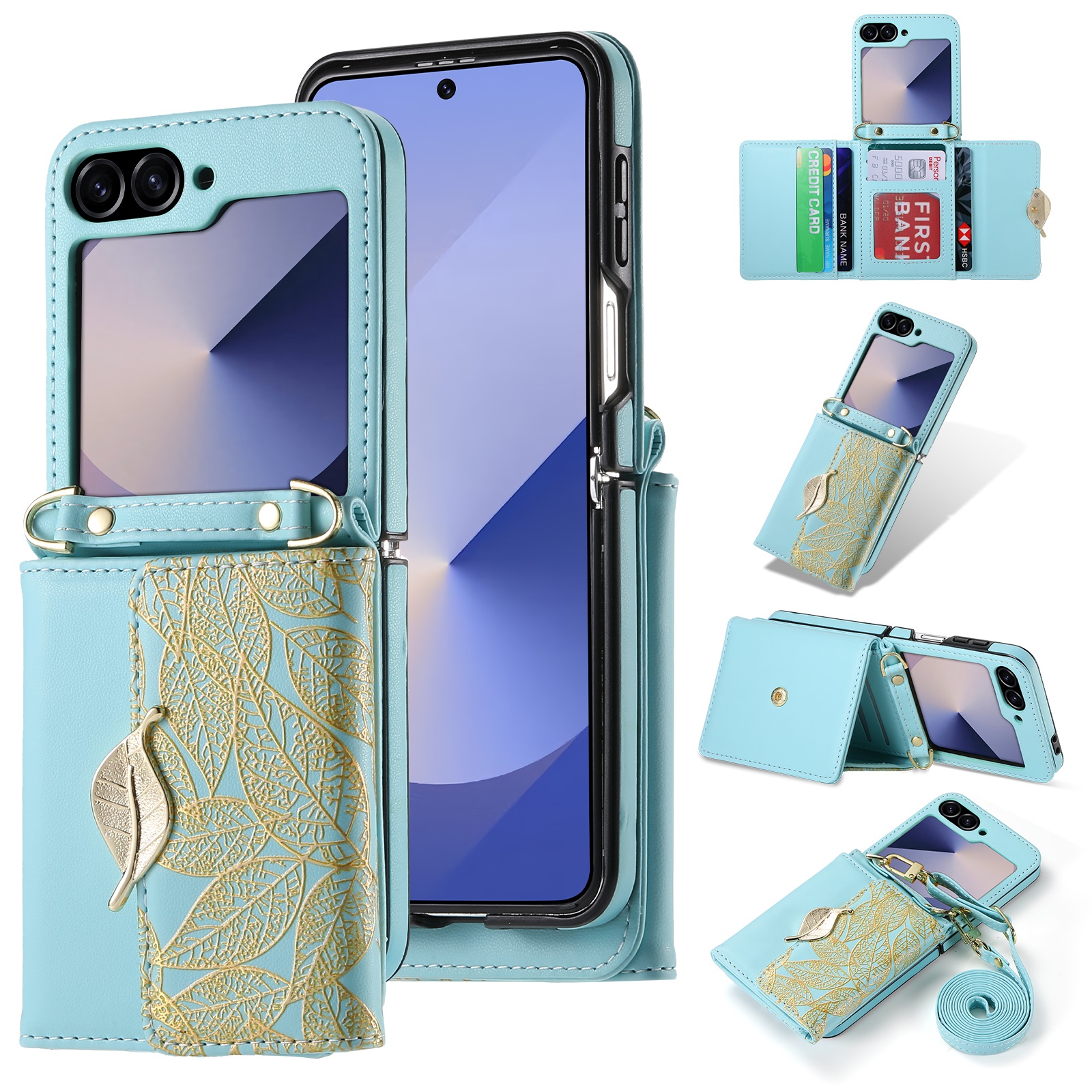 NEW HODON Fashion Leaf Zipper Card Holder Phone Case For Samsung Galaxy Z Flip 6 Flip6 5G Cases with Long Lanyard Wallet Shockproof Cover