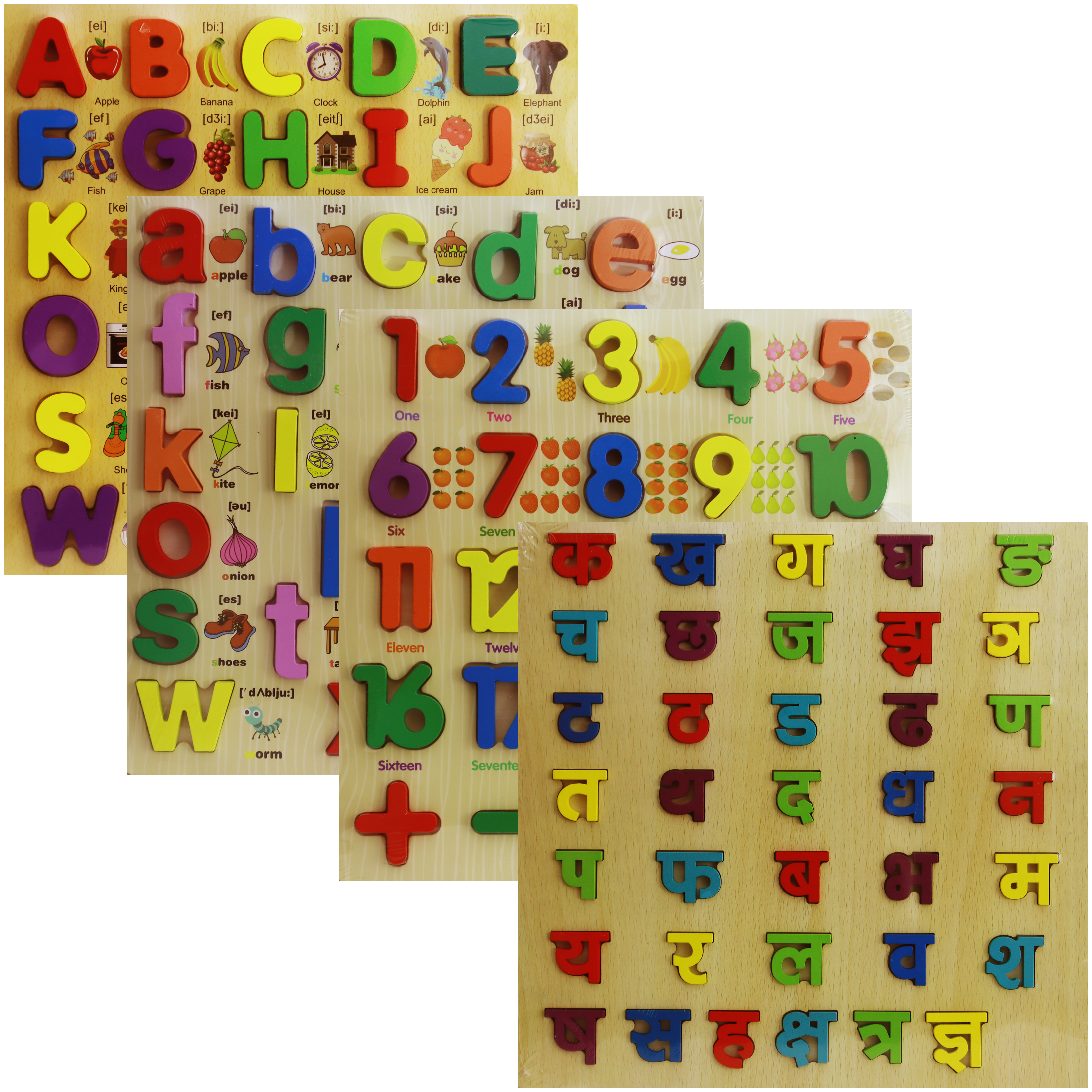Wooden Educational Puzzle Board Combo Pack Capital & Small ABC, Numbers 1-20 & Nepali Varnamala | Montessori Learning Toy for Toddlers & Kids (30x30 cm)