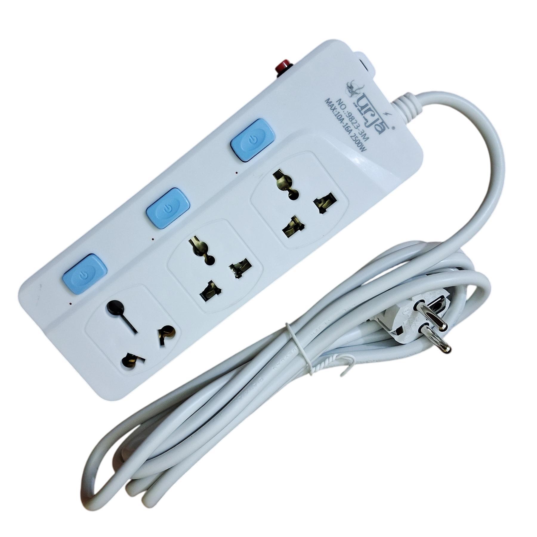 Urja 9825-3M 5-Port Power Strip Extension Cord with Individual Switches - 3 Meter Wire - 2500W Heavy Duty Multi Plug Socket with Surge & Overload Protection